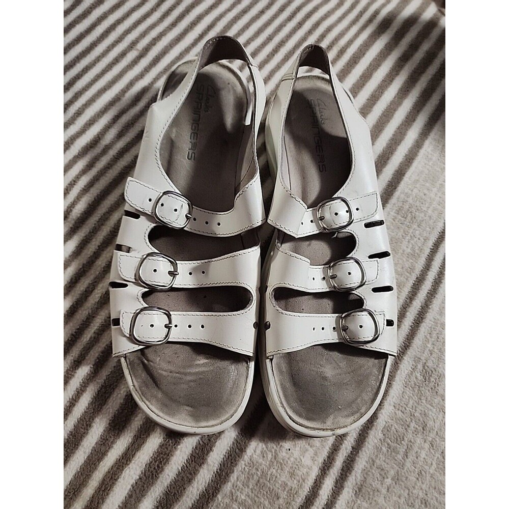 Clarks springers black slip on sandals size 10 women's  3 buckle leather uppe
